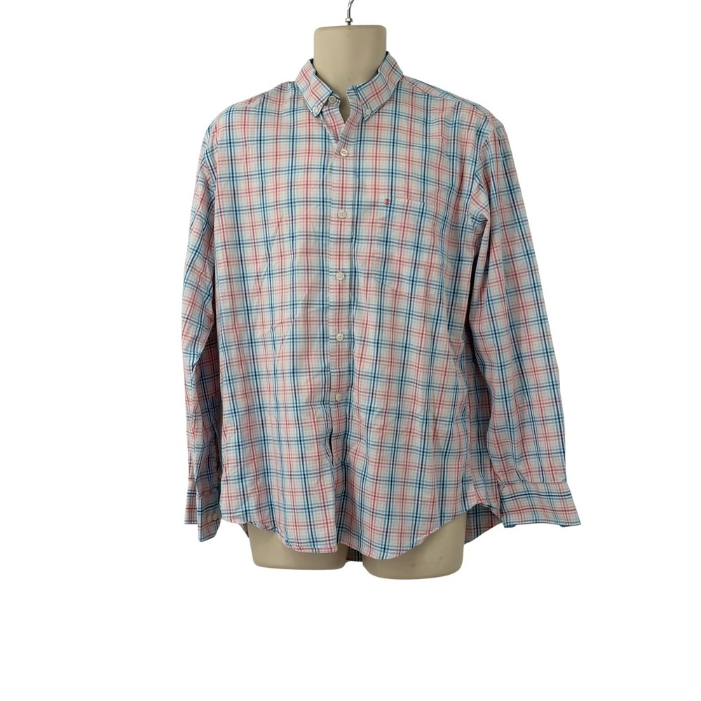 Izod Mens Non-Iron Stretch Plaid Long Sleeve Button Down Shirt Blue Red White M